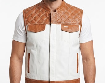 Men’s Two Tone Leather Vest – Diamond Quilted Biker Motorcycle Waistcoat