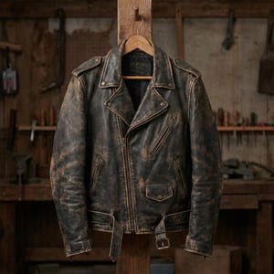 Könnte beinhalten: Eine braune Lederjacke im klassischen Biker-Stil mit Used-Look. Die Jacke hat ein fallendes Revers, einen asymmetrischen Reißverschluss, mehrere Taschen und einen Gürtel. Das Leder hat ein abgenutztes, Vintage-Aussehen.