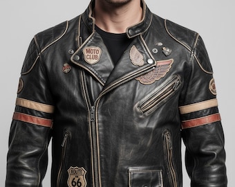 Men's Vintage Riders Distressed Motorcycle Leather Jacket - Old Style Moto Club Biker Coat