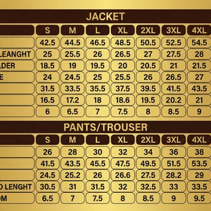 May include: A chart with jacket and pants/trouser measurements in inches for various sizes, from S to 5XL. Measurements include chest, waist, hip, and sleeve length.