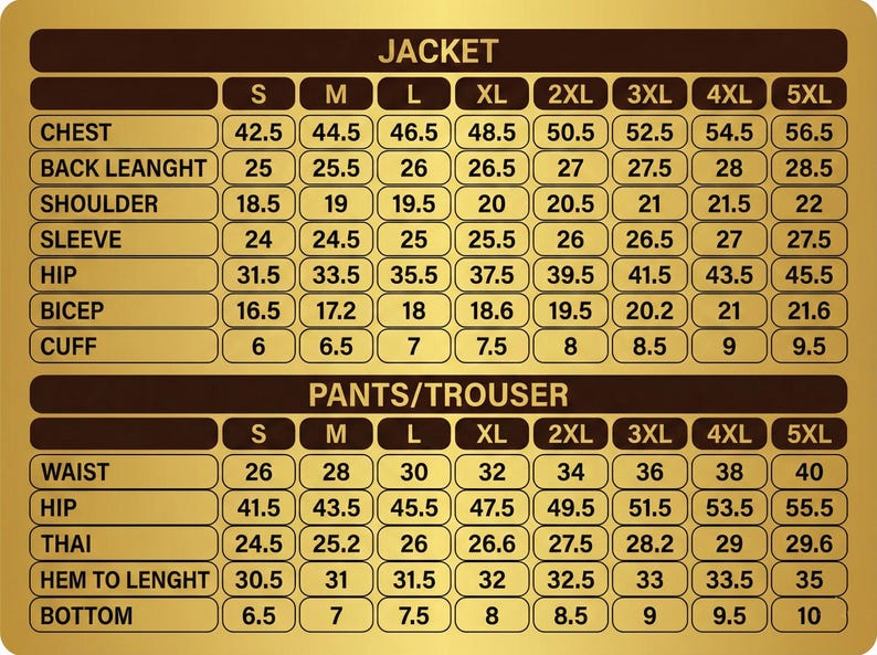 May include: A chart with jacket and pants/trouser measurements in inches for various sizes, from S to 5XL. Measurements include chest, waist, hip, and sleeve length.