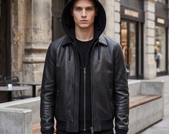 Men's Black Hooded Leather Jacket | Genuine Leather Zip-Up Hoodie | Motorcycle Biker Coat