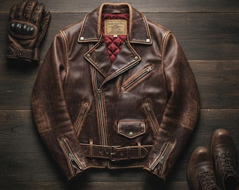 Men’s Vintage Brown Distressed Leather Biker Jacket | Genuine Cowhide Retro Moto Cafe Racer Coat