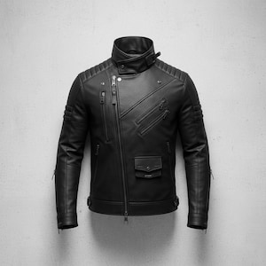 May include: Black leather jacket with a high collar, multiple zippered pockets, and quilted shoulder detailing. The jacket has a diagonal zipper closure and a small pocket on the front. The sleeves have zippers at the cuffs. A classic motorcycle-style jacket.
