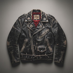May include: A distressed black leather jacket with a classic biker style. Features include a notched collar, asymmetrical zipper, multiple zippered pockets, and a belted waist. The interior lining is red plaid. Embellished with several metal pins.