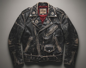 Handmade Vintage 80s Distressed Black Leather Biker Jacket | Men's Retro Genuine Cowhide Moto Jacket