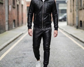Men’s Leather Tracksuit Set | Luxury Genuine Leather Jogger & Jacket | Hip Hop Streetwear Outfit