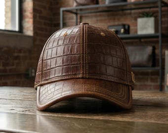Cappellino da baseball in pelle con stampa coccodrillo / Cappello streetwear di lusso fatto a mano