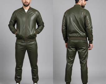 Men’s BRAYDEN Lambskin Leather Tracksuit Set Olive Green Brown | Luxury Real Leather Sweat Suit