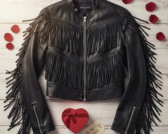 Zwarte leren damesjas met franje echte lamsvacht western cowgirl bikerjas met kwastjes