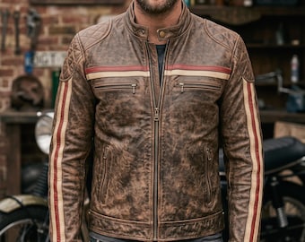 Men's Vintage Racing Leather Jacket | Genuine Cafe Racer Motorcycle Coat
