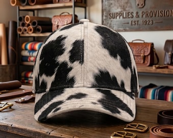 Gorra de béisbol de piel de vaca con pelo / Sombrero unisex estilo western de cuero genuino