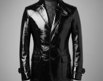 Men’s Shiny Leather Blazer Jacket – Genuine Leather Lapel Collar Coat