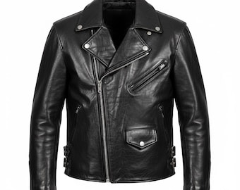 May include: A black leather jacket with a classic biker style. Features include a notched collar, asymmetrical zipper closure, multiple zippered pockets, and snap details. The jacket has a tailored fit and a smooth, glossy finish.