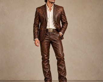 Men's Brown Leather Western Suit, Distressed Cowboy Blazer and Pants, Rodeo Outfit