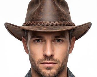 Sombrero de cuero color cobre para hombre estilo Outback / Sombrero vaquero auténtico plegable estilo Western