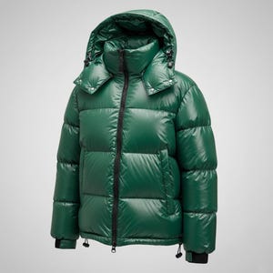 May include: A glossy, emerald green puffer jacket with a hood. The jacket features a black zipper, black cuffs, and a high collar. The puffy design provides warmth and insulation. This outerwear is suitable for cold weather.