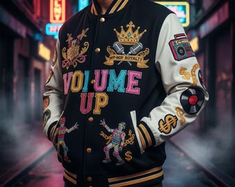 Chaqueta universitaria para hombre con diseño inspirado en la cultura musical y las leyendas del hip hop - Chaqueta tipo letterman con bordado