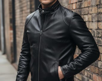 Men's Slim Fit Black Leather Moto Jacket – Modern Biker Style Streetwear