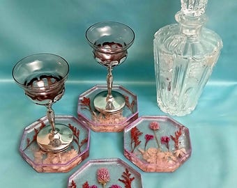 Handgefertigtes Untersetzer-Set mit gepressten Blumen, Gläser nicht enthalten