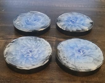 Handgefertigte blaue und weiße Blüte Untersetzer aus Kunstharz