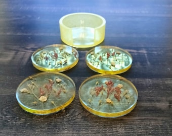 Harz-Untersetzer-Set, gepresste Blumen, gelbe Alkoholtinte, glitzernder Hintergrund, Halter