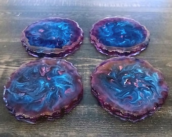 Handgemachtes Resin Geode Untersetzer Set.         lila und rosa Swirls Design