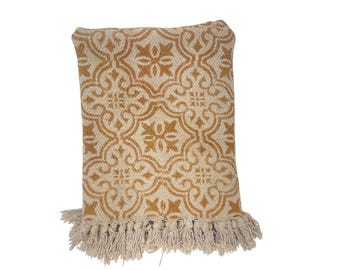 Hand Block Print Cotton Throw Blanket | Mustard Yellow Geometric, Boho Fringe