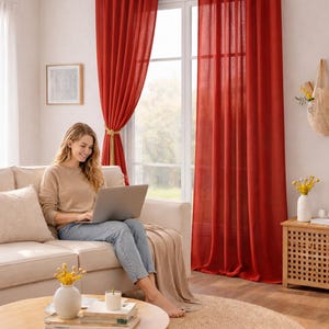 Boho Red  Linen Curtains, Neutral Window Drapes, Soft Linen Panels, Custom Length Curtains, Modern Home Decor
