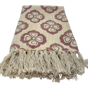 Hand Block Print Blanket | Maroon Floral Cotton Throw with Fringe | Boho Sofa & Bed Decor image 7