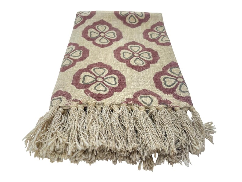 Hand Block Print Blanket | Maroon Floral Cotton Throw with Fringe | Boho Sofa & Bed Decor image 7