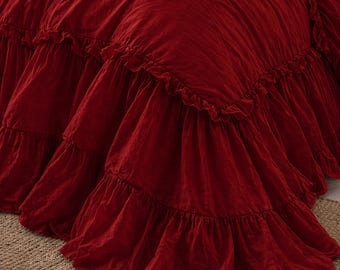 Red Linen Ruffle Duvet Cover Set, Soft Washed Linen Bedding, Rustic Farmhouse Bed Set, Queen King Size Bedding