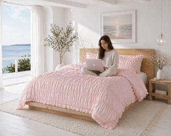 Dusty Pink And Peach Wrinkle Cotton Duvet Cover, Soft Washed Bedding Set, Minimalist Bedroom Decor, Queen King Size Comforter Cover