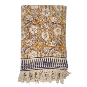 Hand Block Print Blanket | Mustard Yellow Throw with Fringe | Boho Cotton Sofa Throw | Decorative Bed Blanket