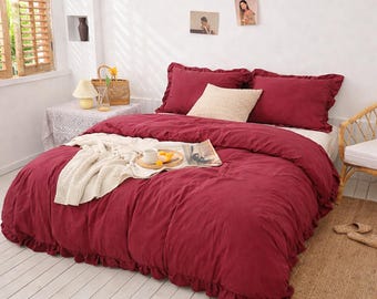 Juego de ropa de cama de lino granate con volantes, funda nórdica de lino lavado, decoración de dormitorio boho, juego de lino natural suave