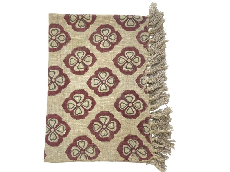 Hand Block Print Blanket | Maroon Floral Cotton Throw with Fringe | Boho Sofa & Bed Decor image 8