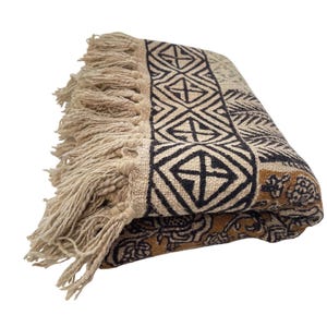 Puede incluir: Manta plegada con estampado beige y negro y flecos. La manta presenta diseños geométricos y florales en negro y marrón sobre un fondo beige. Los flecos son de color beige claro.