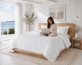 Wrinkled Cotton Duvet Cover White And  Black, Soft Lightweight Bedding Set, Cozy Comforter Cover, Contemporary Bedroom