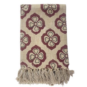 Hand Block Print Blanket | Maroon Floral Cotton Throw with Fringe | Boho Sofa & Bed Decor image 6