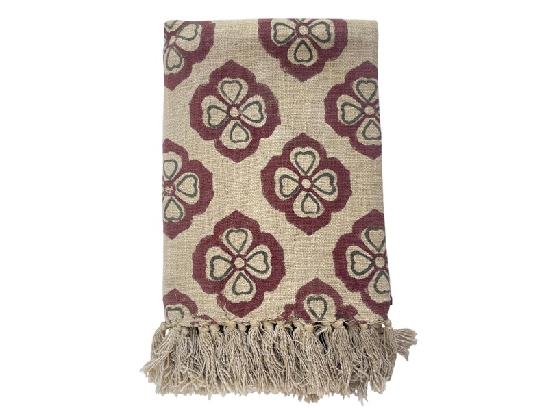 Hand Block Print Blanket | Maroon Floral Cotton Throw with Fringe | Boho Sofa & Bed Decor image 6