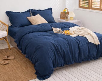 Juego de funda nórdica de lino azul oscuro con volantes, ropa de cama estilo shabby chic, lino lavado suave, decoración de dormitorio estilo rústico, ropa de cama cottagecore