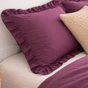 Plum Organic Linen Ruffle Duvet Cover, Double Ruffle Bedding Set, Natural Flax Comforter Cover, Minimalist Boho Style