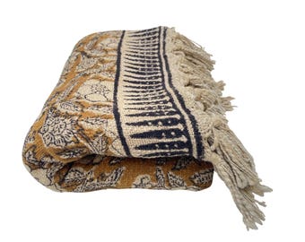 Plaid en coton indien fait main | Couverture à motif de fleurs de moutarde | Décoration rustique à franges