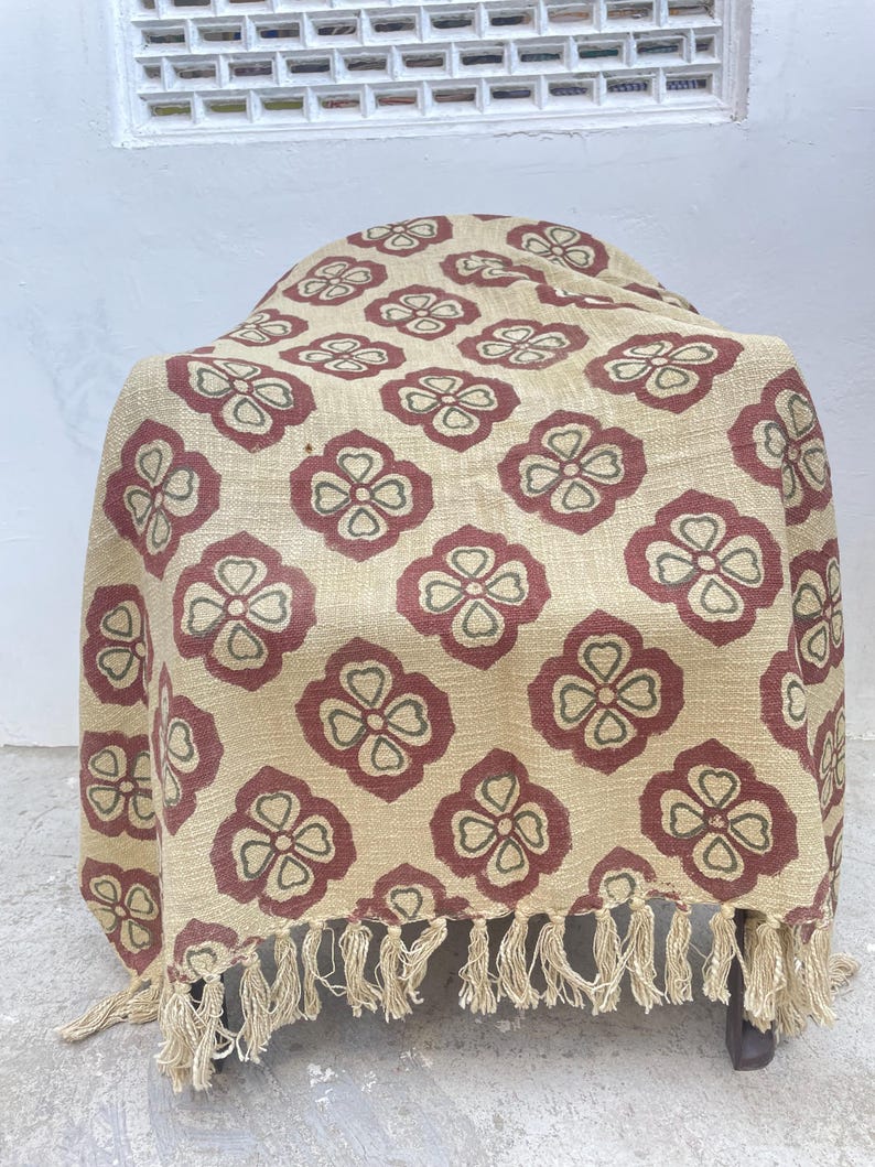 Hand Block Print Blanket | Maroon Floral Cotton Throw with Fringe | Boho Sofa & Bed Decor image 10