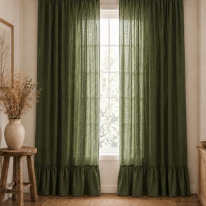 Olive Green Linen Curtains Panels | 100% Natural Linen Window Curtains | Custom Size Neutral Linen Drapes