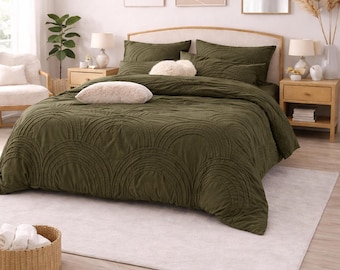Dark Olive Green Tufted Duvet Cover Boho Bedding Set, Textured Cotton Duvet Cover, Minimalist Bedroom Decor
