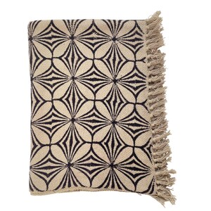 May include: Folded beige and black patterned textile with a geometric floral design. The edges are finished with a fringe. The textile is likely a blanket, throw, or rug.