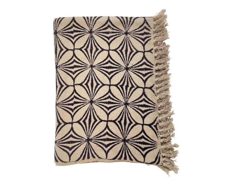 May include: Folded beige and black patterned textile with a geometric floral design. The edges are finished with a fringe. The textile is likely a blanket, throw, or rug.