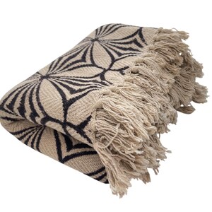 May include: Folded beige throw blanket with a black floral pattern. The blanket has a fringed edge. The pattern is a repeating design of stylized flower shapes. The blanket is made of a woven fabric.