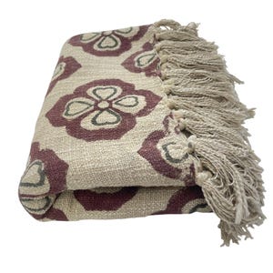 Hand Block Print Blanket | Maroon Floral Cotton Throw with Fringe | Boho Sofa & Bed Decor image 5